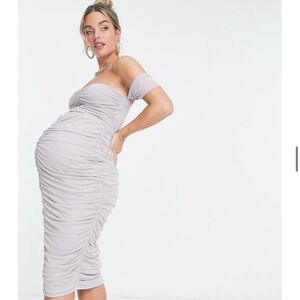 Elegant Ruched Midi Dress in Light Gray